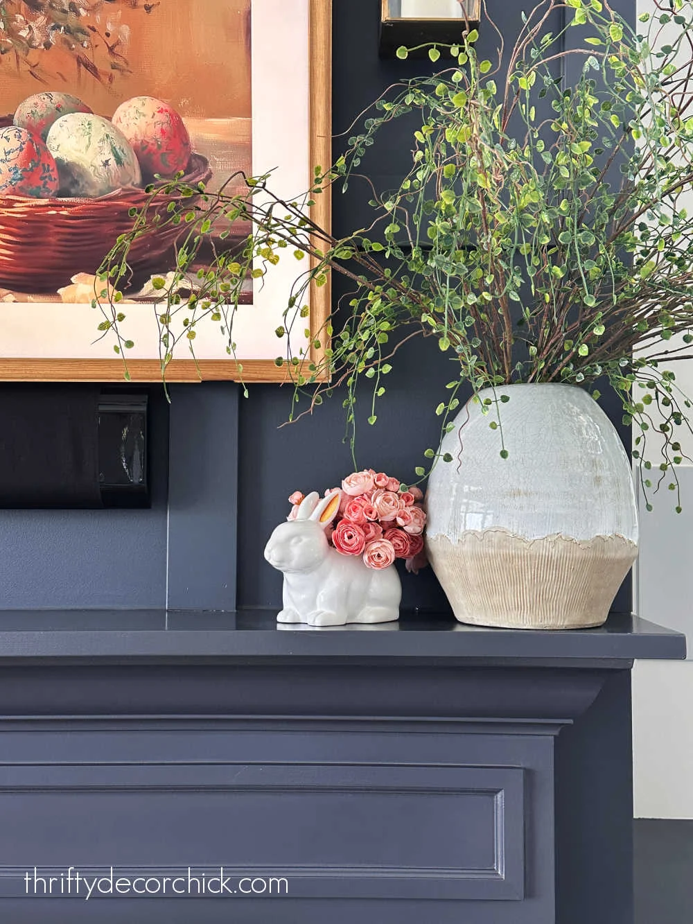 bunny vase flowers on mantel
